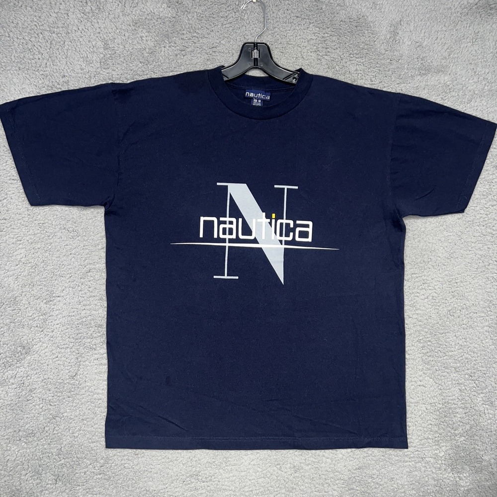VTG Nautica T Shirt Men's‎ Sz Large Navy Blue Spell Out Logo Made In USA Tee 90s
